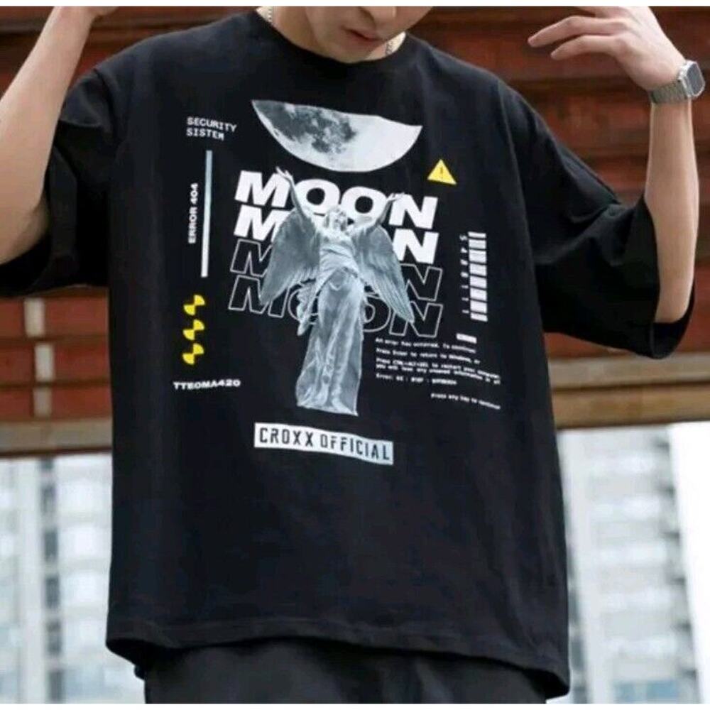 Croxx Official Mens "Nemuro" Black T Shirt Technical Streetwear Moon Angel Sz XL